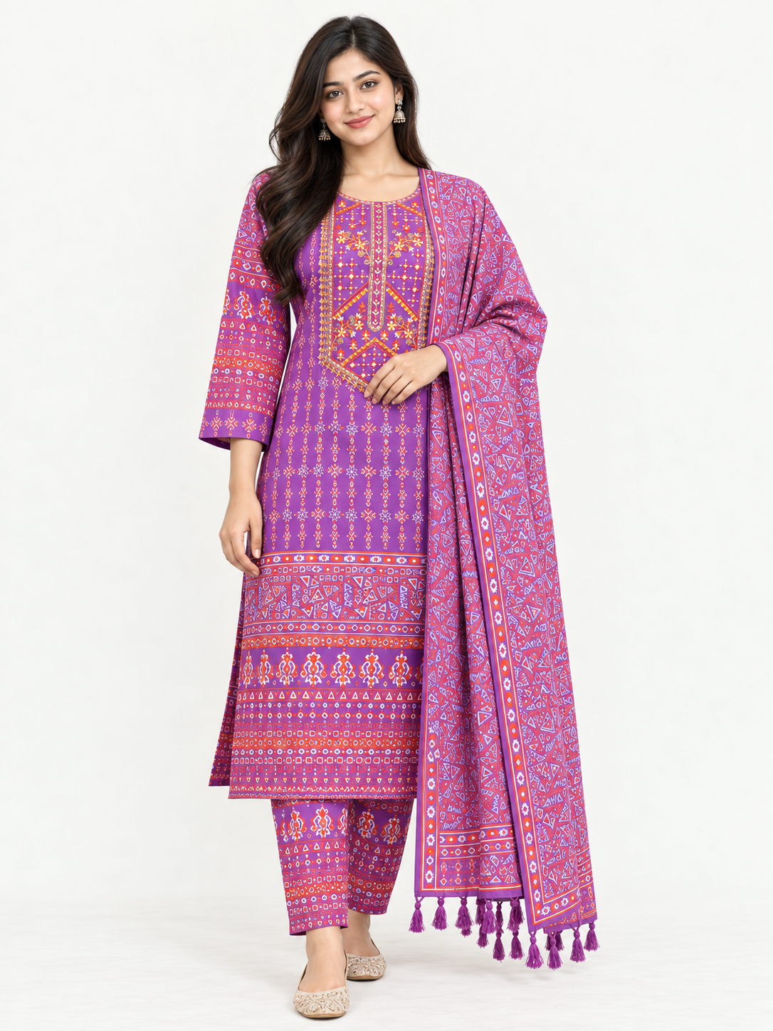 Purple Cotton Embroidered Cotton Block Printed Three-Piece Set
